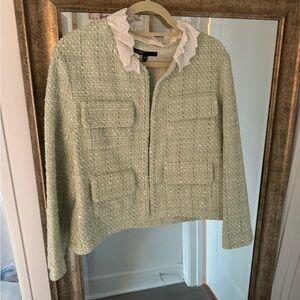 Maje Mint Green Tweed Jacket with Lace Collar